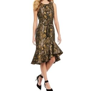 Antonio Melani Dress‎ Sz 8 Sheath Mermaid Sleeveless Jacquard Gold Taupe Elegant